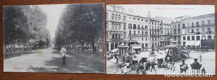 Postales: 2 POSTALES DE MALAGA - PLAZA DE LA CONSTITUCION Y ALAMEDA PRINCIPAL . PASEO CENTRAL-A&Ntilde;OS 20