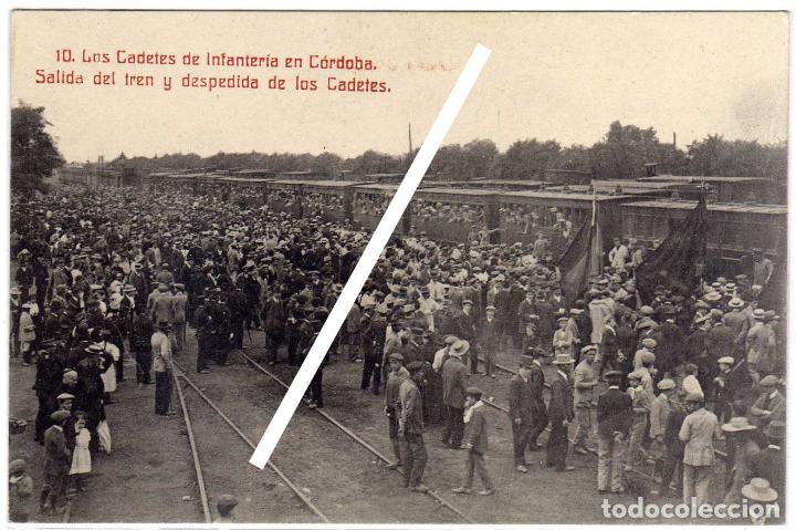 Postkarten: MAGNIFICA POSTAL - LOS CADETES DE INFANTERIA EN CORDOBA - SALIDA DEL TREN Y DESPEDIDA DE LOS CADETES