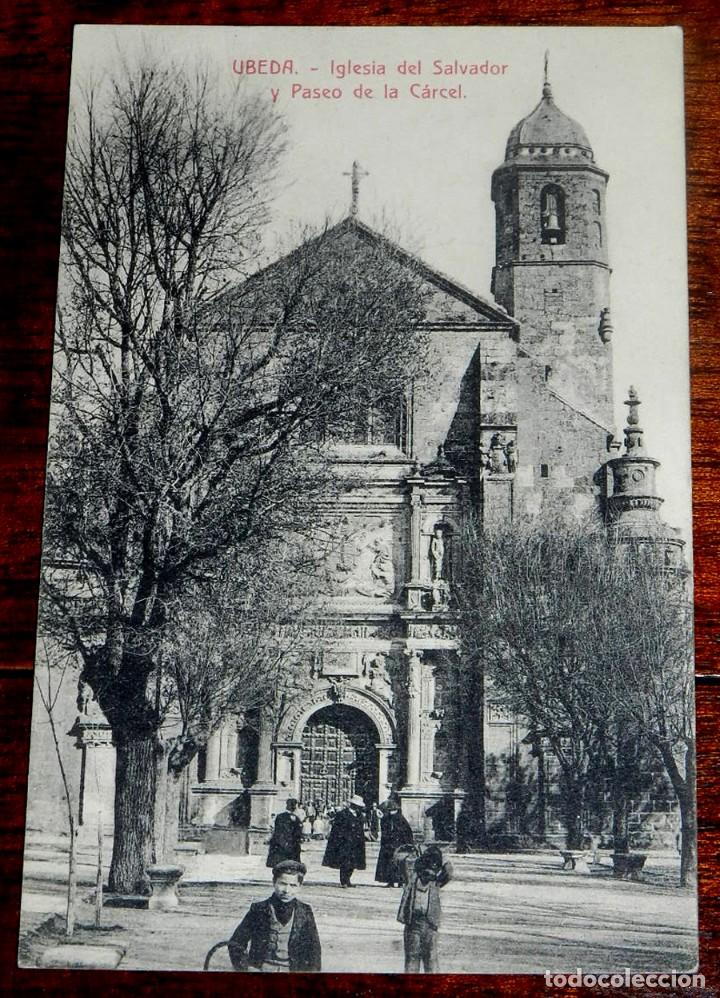 Postales: ANTIGUA POSTAL DE UBEDA (JAEN) IGLESIA DEL SALVADOR Y PASEO DE LA CARCEL, SERIE I, IMPRENTA DE LA LO