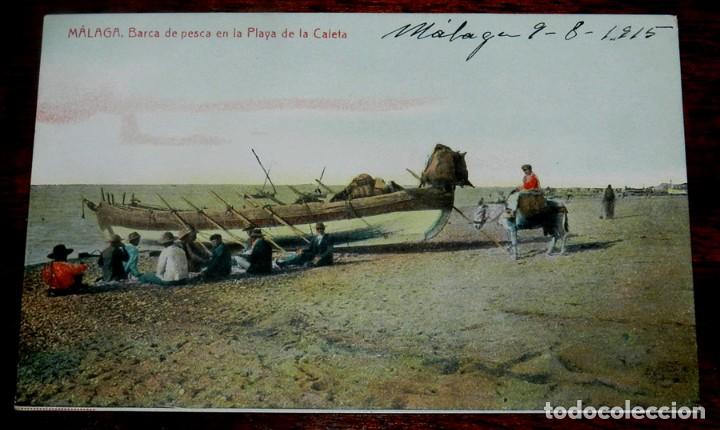 Postales: ANTIGUA POSTAL DE MALAGA. BARCA DE PESCA EN LA PLAYA DE LA CALETA. ED.THOMAS. NO CIRCULADA. ESCRITA