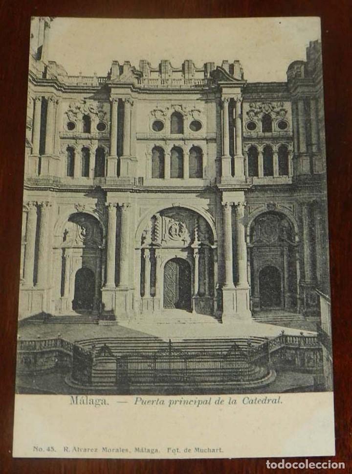 Postales: POSTAL DE MALAGA: PUERTA PRINCIPAL DE LA CATEDRAL, ED. R.ALVAREZ, NUM.45, NO CIRCULADA, SIN DIVIDIR.