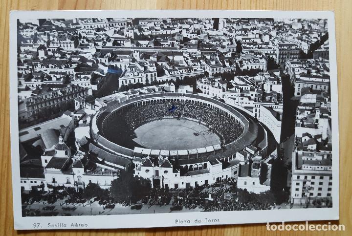 Postales: Plaza de Toros de Sevilla N&ordm; 97 Vista aerea Ed. Aerotecnica 1954