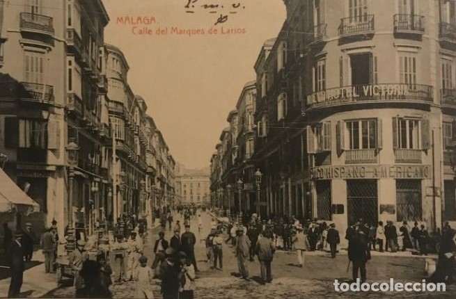 Postales: Málaga. Calle del Marqués de Larios. Hotel Victoria. Banco Hispano Americano - Foto 1 - 149272398