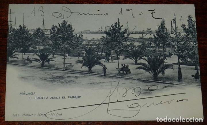 Postales: MALAGA, EL PUERTO DESDE EL PAQUE, 1433 HAUSER Y MENET, SIN CIRCULAR Y SIN DIVIDIR, ESCRITA