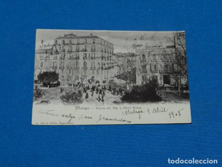 Postales: MALAGA - PUERTA DEL MAR Y HOTEL ROMA , CIRCULADA 1905
