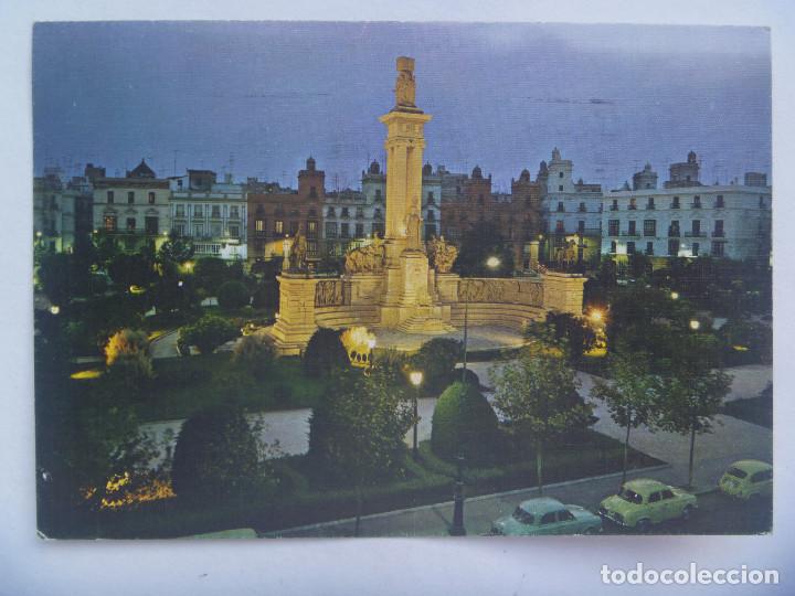 Postales: POSTAL DE CADIZ : PLAZA DE ESPA&Ntilde;A Y MONUMENTO A LAS CORTES , NOCTURNO . COCHES DE EPOCA, SEAT 600...