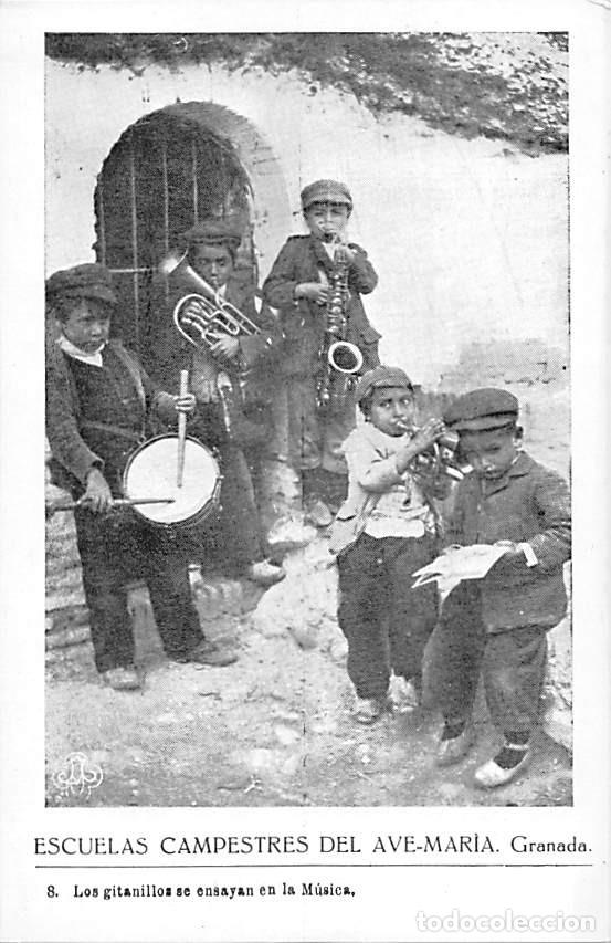 Postales: GRANADA.- ESCUELAS CAMPESTRES DEL AVE-MARIA.- LOS GITANILLOS SE ENSAYAN EN LA M&Uacute;SICA