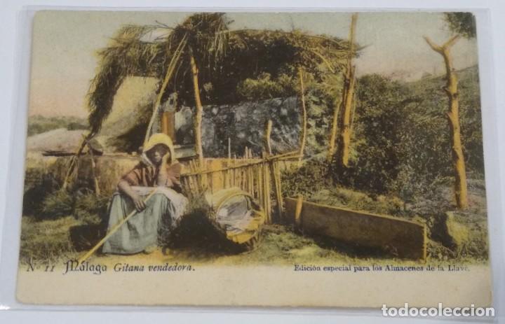 Postales: M&aacute;laga. n&ordm; 11 Gitana vendedora. Edici&oacute;n especial para los Almacenes de la Llave. Reverso sin dividir