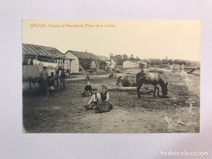 Postales: MALAGA. Postal Animada. Chozas de Pescadores (Playa de la Caleta) Edita: Fototipia THOMAS (h.1920?)