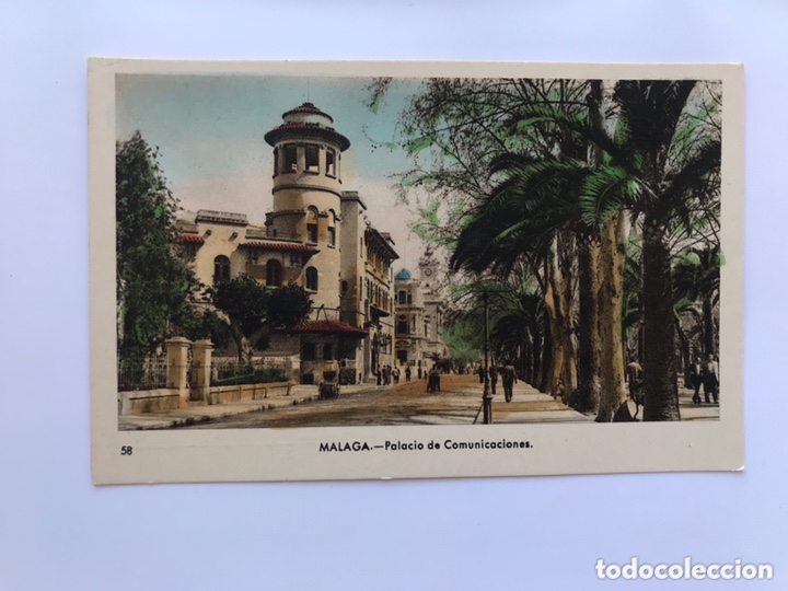 Postales: MALAGA. Postal Coloreada No.58, Palacio de Comunicaciones. Edita: Ed. Arribas (h.1950?)