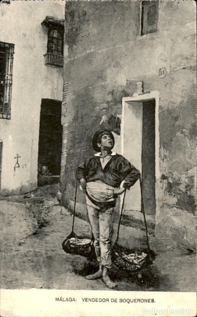 Postales: Malaga. Vendedor de boquerones &ndash; Hauser y Menet