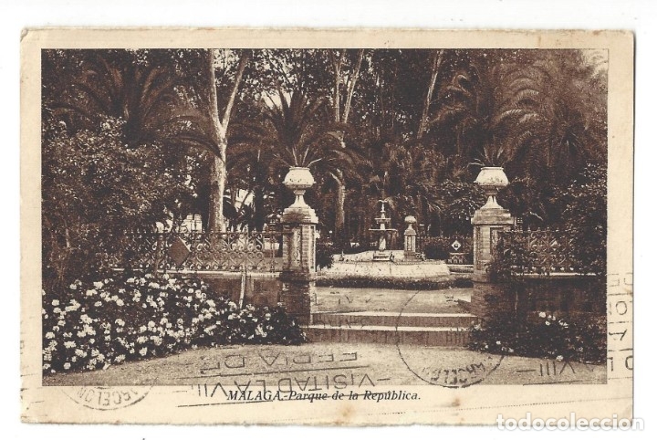 Postales: M&Aacute;LAGA.- PARQUE DE LA REP&Uacute;BLICA. FOTO ROISIN. ANDALUC&Iacute;A- CIRCULADA (1935)
