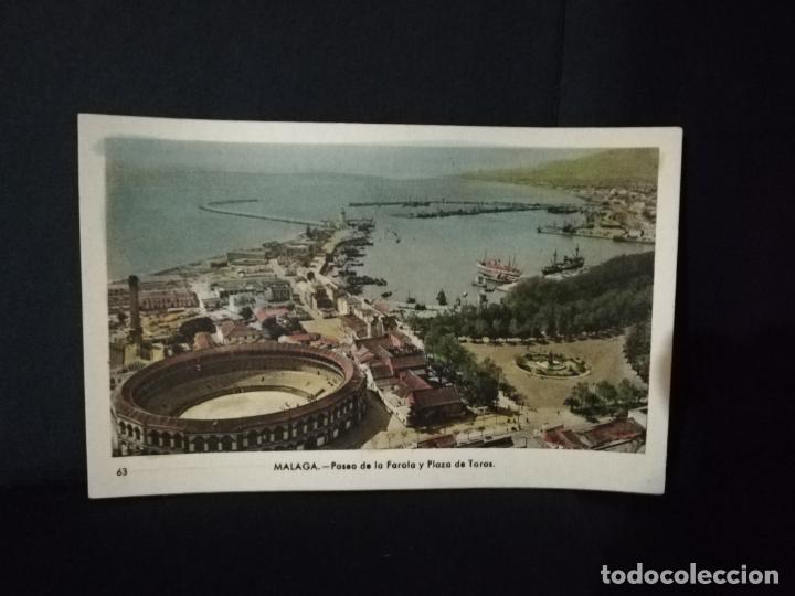 Postales: TARJETA POSTAL DE MALAGA. PASEO DE LA FAROLA Y PLAZA DE TOROS. EDICIONES ARRIBAS.