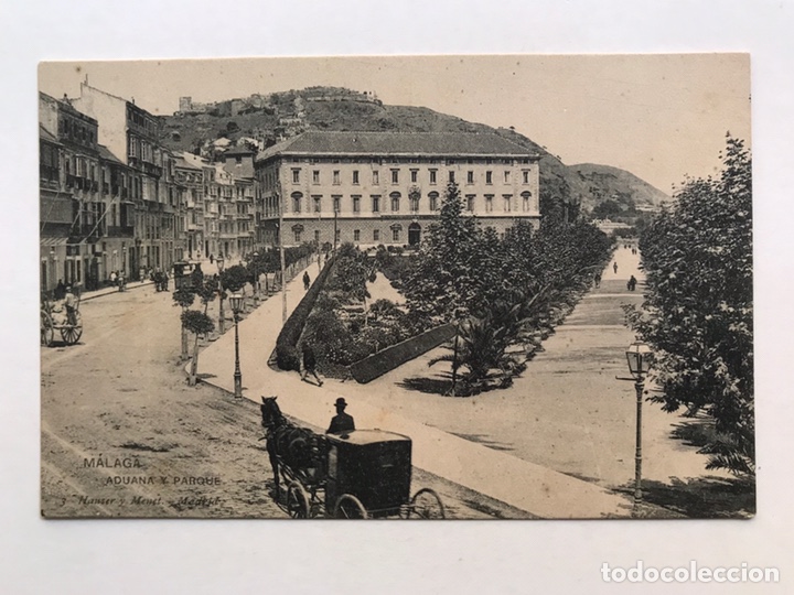 Postales: MALAGA, Postal Animada.., No.3, Aduana y Parque. Fototipia Hauser y Menet (h.1910?) S/C
