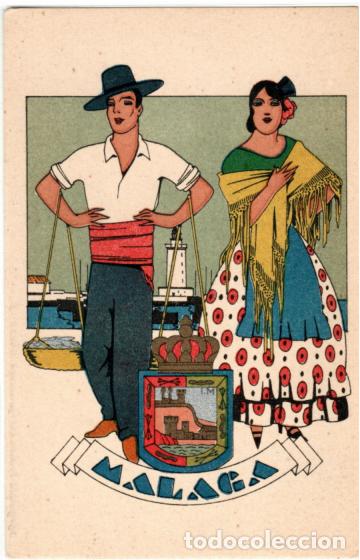 Postales: PRECIOSA POSTAL - MALAGA - ESCUDO Y PAREJA ATAVIADOS CON TIPICOS TRAJEAS REGIONALES