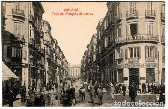 Postales: POSTAL MALAGA - CALLE DEL MARQUES DE LARIOS - VISTA DELHOTEL REINA VICTORIA, BANCO HISPANO AMERICANO