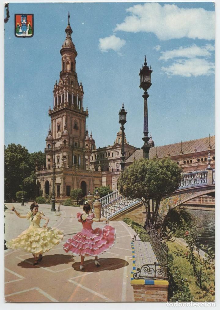 Postales: N&ordm; 38-SEVILLA. Plaza de Espa&ntilde;a. Bailando sevillanas. Escrita en 1962. Ed. DOM&Iacute;NGUEZ