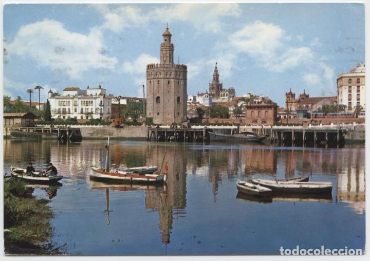 Postales: N&ordm; 373-SEVILLA.Torre del Oro y Giralda. Circulada en 1972. Ed. FOTOCOLOR FERRANDIZ