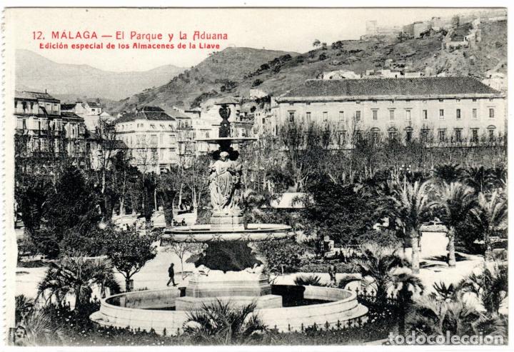 Postales: BONITA POSTAL - MALAGA - EL PARQUE Y LA ADUANA - EDICION ESPECIAL DE LOS ALMACENES DE LA LLAVE
