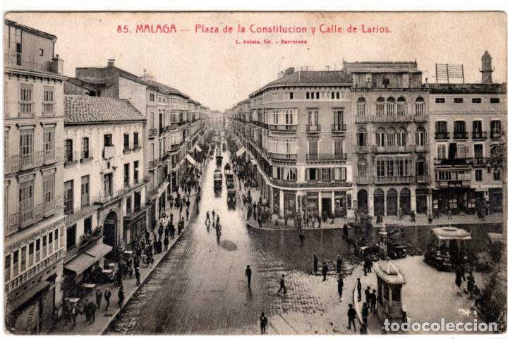Postales: BONITA POSTAL - MALAGA - PLAZA DE LA CONSTITUCION Y CALLE DE LARIOS