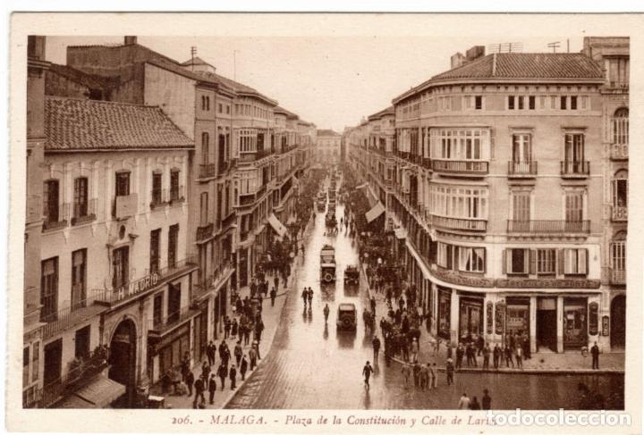Postales: BONITA POSTAL - MALAGA - PLAZA DE LA CONSTITUCION Y CALLE DE LARIOS