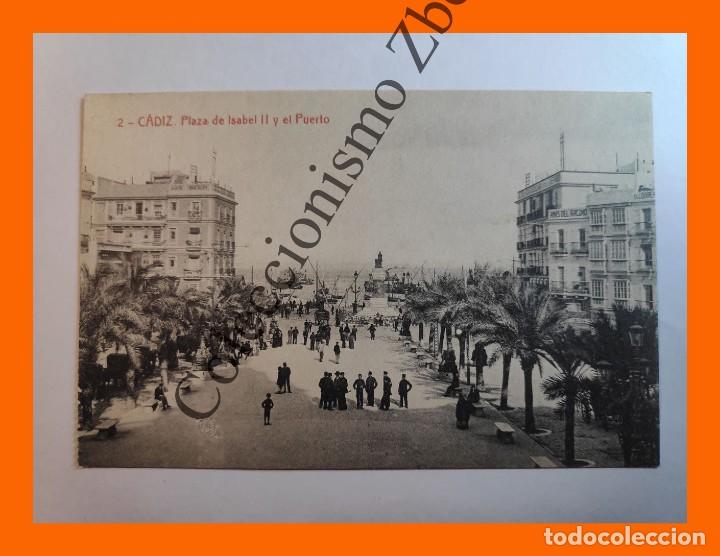 Postales: Tarjeta Postal de Cadiz - Plaza de Isabel II y el Puerto (n&ordm;2 Fototipia Thomas)