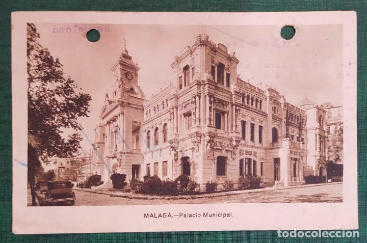 Postales: ESPA&Ntilde;A TARJETA POSTAL CIRCULADA MALAGA - PALACIO MUNICIPAL, PEDRO RICO Y H. AGENTES DE ADUANA, 1942