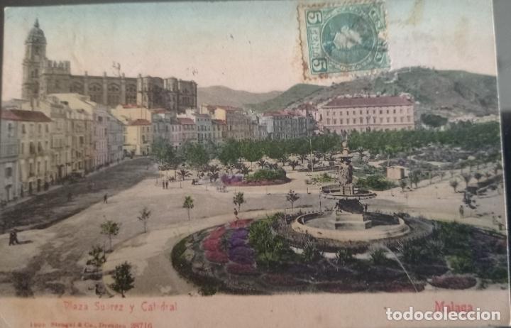 Postales: MALAGA, PLAZA SUAREZ Y CATEDRAL, SIN DIVIDIR
