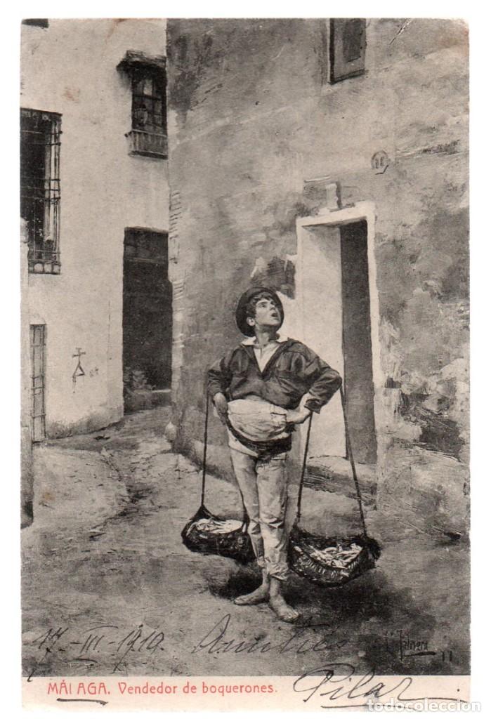 Postales: POSTAL, MALAGA. VENDEDOR DE BOQUERONES. FOTOTIPIA THOMAS. CIRCULADA