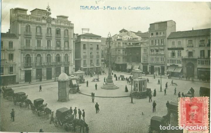 Postales: MALAGA. PLAZA DE LA CONSTITUCI&Oacute;N. CIRCULADA EN 1915.PUBLICIDAD HOTEL SIM&Oacute;N. FOTO ANDR&Eacute;S FABERT.