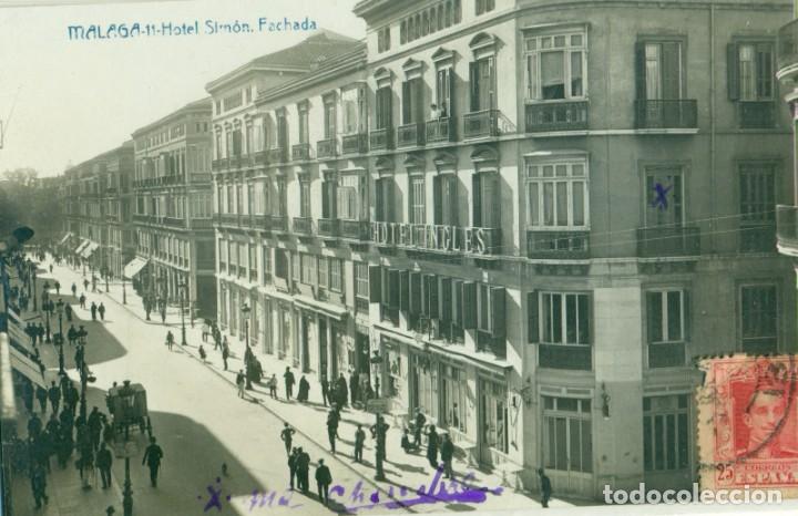 Postales: MALAGA HOTEL SIMON FACHADA ESCRITA EN 1925.