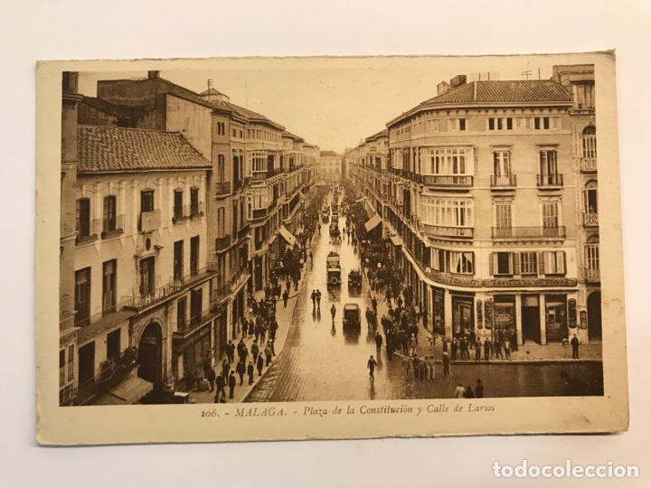 Postales: MALAGA. Postal animada No.206, Plaza de la Constituci&oacute;n y Calle Larios. Roisin, C&iacute;rculada (a.1933)