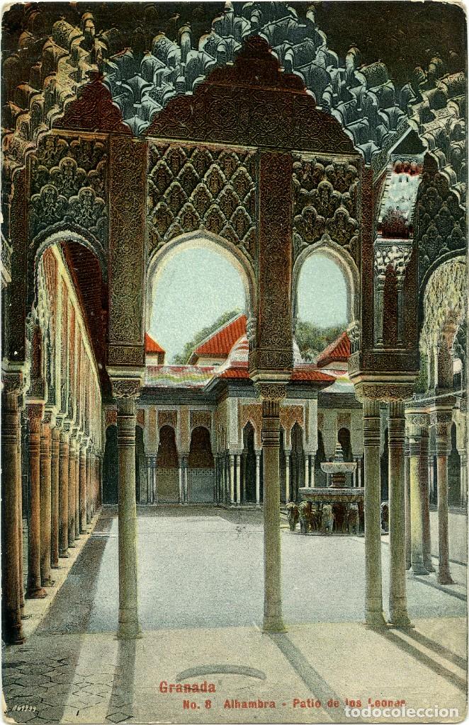 Postales: N&ordm; 8-GRANADA. Alhambra. Patio de los leones. Circulada en 1911. ED. THE OLD CURIOSITY SHOP