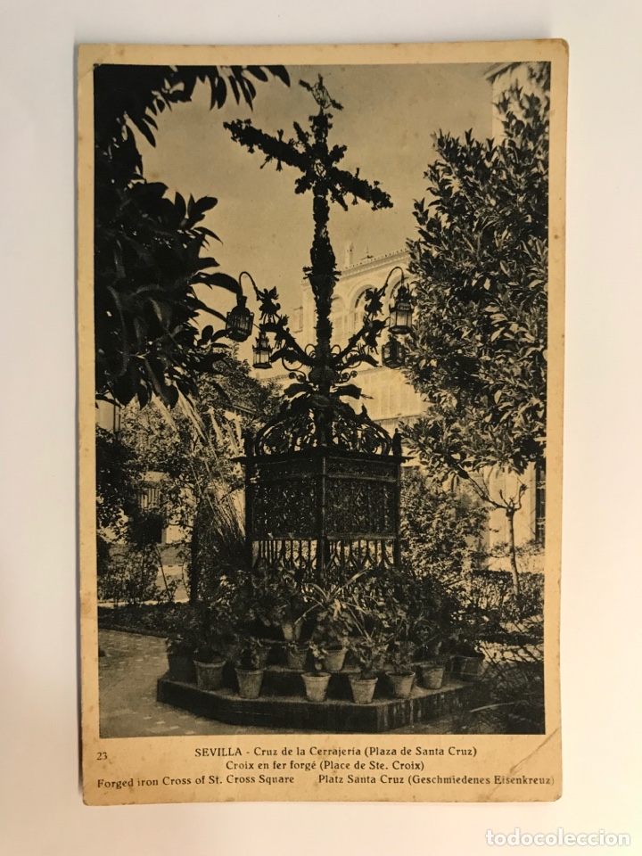 Postales: SEVILLA. Postal No.23, Cruz de la Cerrajer&iacute;a. Plaza de Santa Cruz. Huecograbado Mumbru