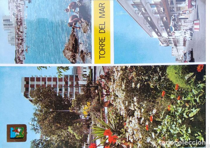 Postales: Torre del Mar. 5 Jardines-Playa-Vista parcial. Escudo de Oro. Usada con sello. Color