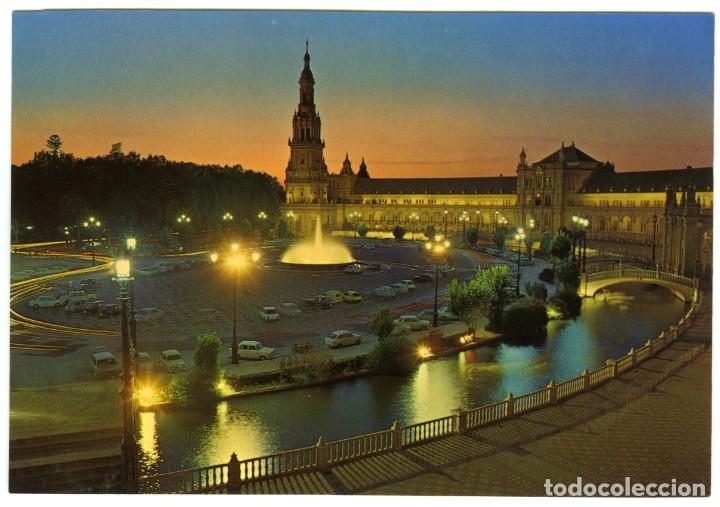 Postales: N&ordm; 182-SEVILLA. Plaza de Espa&ntilde;a. Nocturna. Sin circular. EDICIONES ARRIBAS