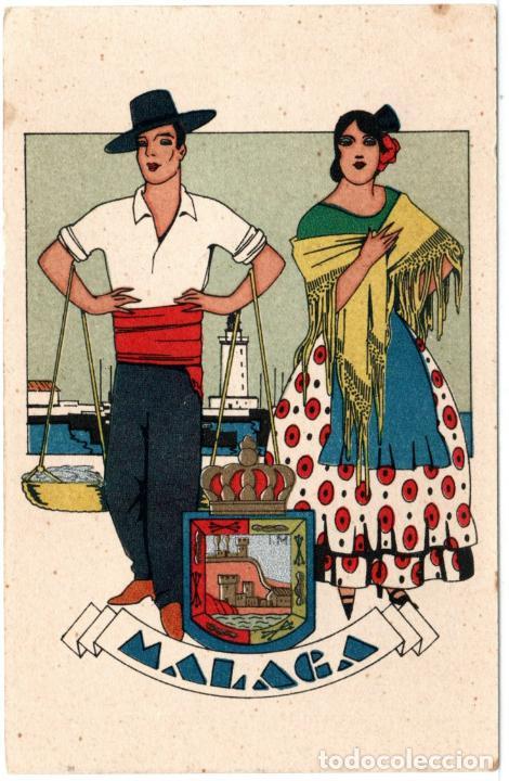 Postais: BONITA POSTAL - MALAGA - ESCUDO DE LA CIUDAD Y PAREJA CON TIPICOS TRAJES MALAGUE&Ntilde;OS