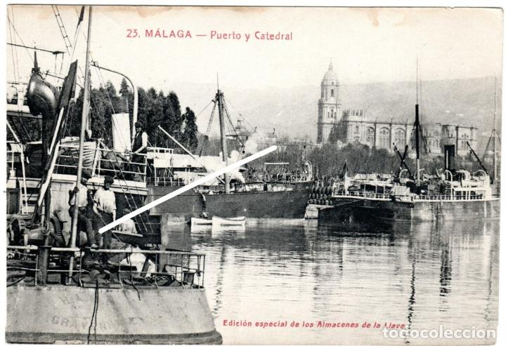 Postales: PRECIOSA POSTAL - MALAGA - PUERTO Y CATEDRAL - EDICION DE LOS ALMACENES DE LA LLAVE