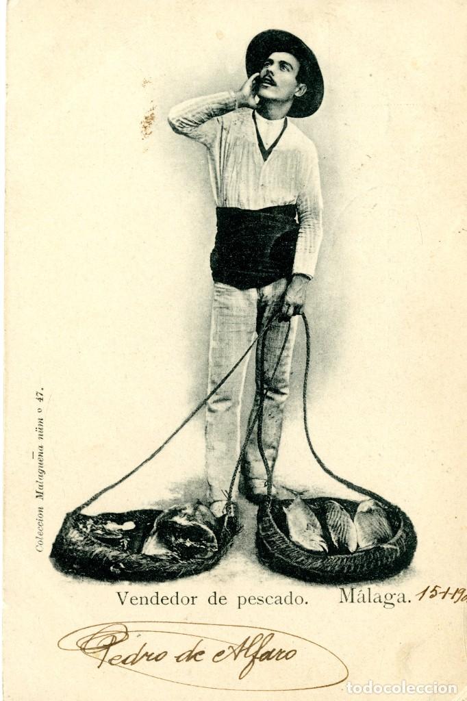 Postkarten: M&aacute;laga. Vendedor de pescado. 1900. Con sello pel&oacute;n