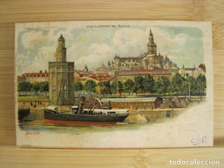 Postales: SEVILLA-VISTA GENERAL DEL MUELLE-MIRESE AL TRANSPARENTE-REVERSO SIN DIVIDIR-POSTAL ANTIGUA-(96.401)