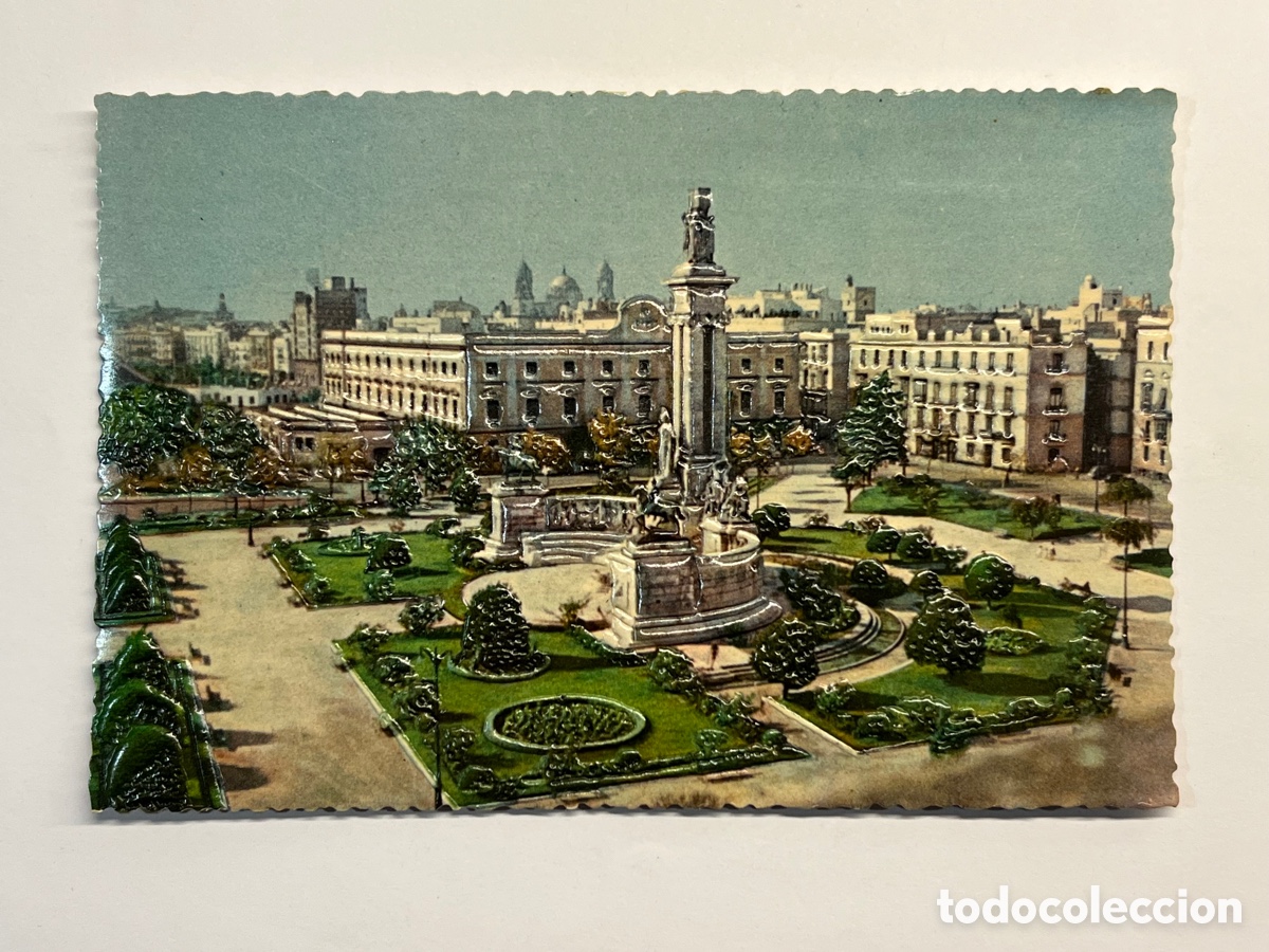 Postales: CADIZ. Postal No.104, Plaza de Espa&ntilde;a. Foto Relieve. Papeleria Alfa (h.1960?) S/C