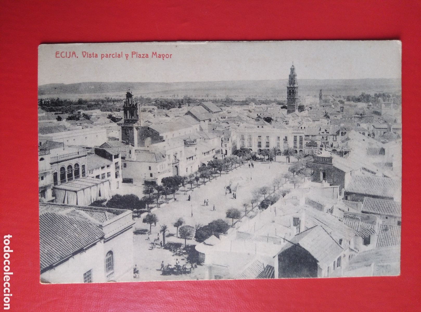 Postais: ECIJA (SEVILLA), VISTA PARCIAL Y PLAZA MAYOR. FOTOTIPIA THOMAS.