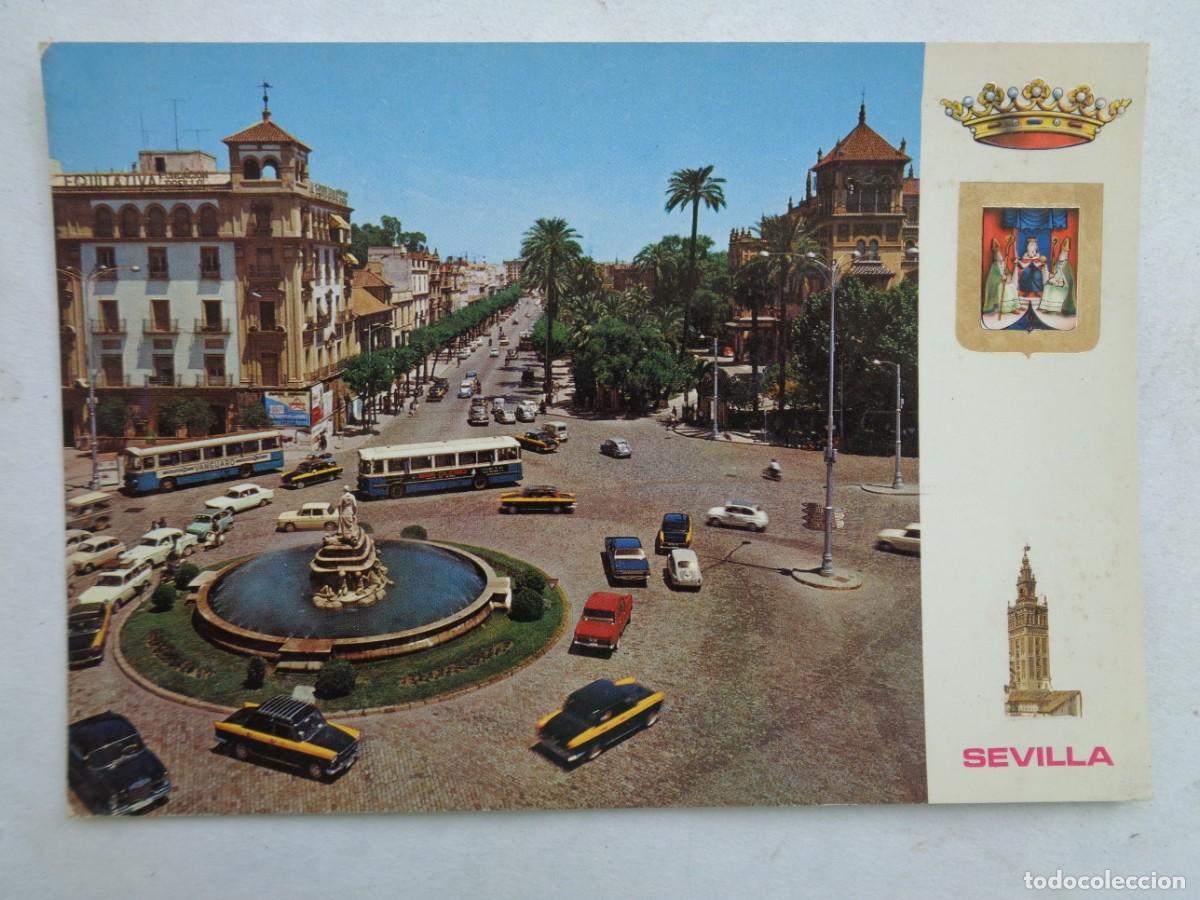 Postais: POSTAL DE SEVILLA : PUERTA DE JEREZ Y AVD. SAN FERNANDO. A&Ntilde;OS 60, COCHES, TAXIS, AUTOBUSES, ETC