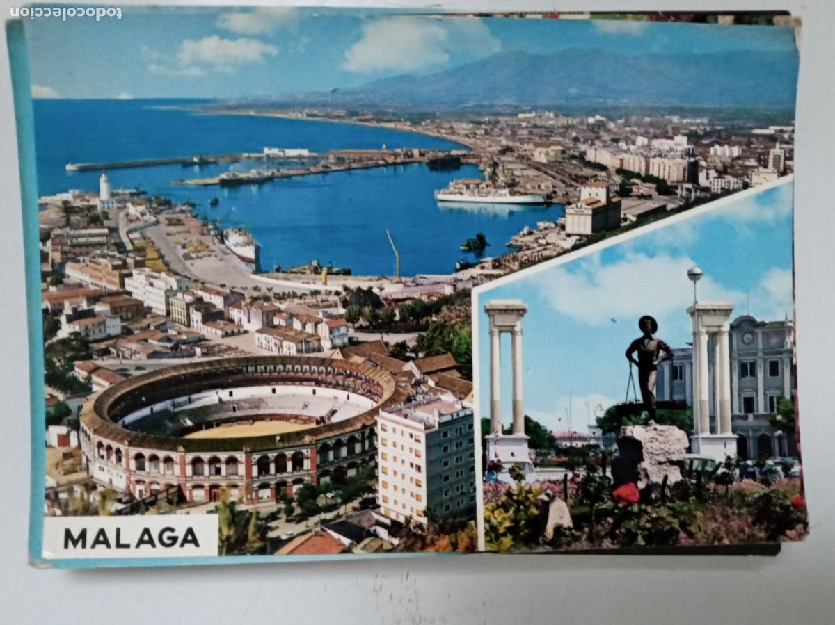 Postales: POSTAL DE MALAGA ( COSTA DEL SOL ): PUERTO Y PLAZA DE QUEIPO DE LLANO. A&Ntilde;OS 60