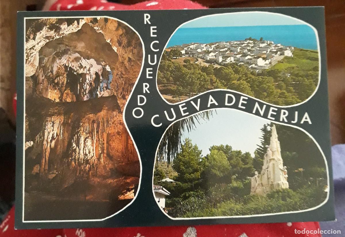Postales: -83478 POSTAL RECUERDO CUEVA DE NERJA, ASPECTO INTERIOR, PUEBLO DE MARO Y JARDINES Y MONUMENTOS
