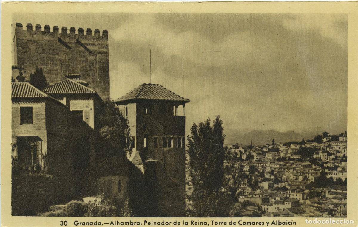 Postales: N&ordm; 30-GRANADA. Alhambra: Peinador de la Reina, Torre de Comares y Albaic&iacute;n. Sin circular. ED. HELIOT