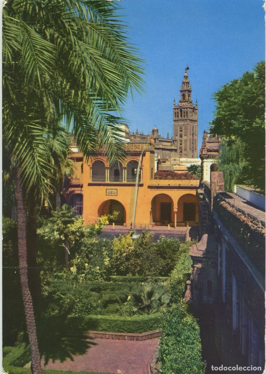 Postales: N&ordm; 3402-SEVILLA. Jardines de los Reales Alc&aacute;zares y al fondo la Giralda. Circulada en 1975.ED. &Aacute;GATA