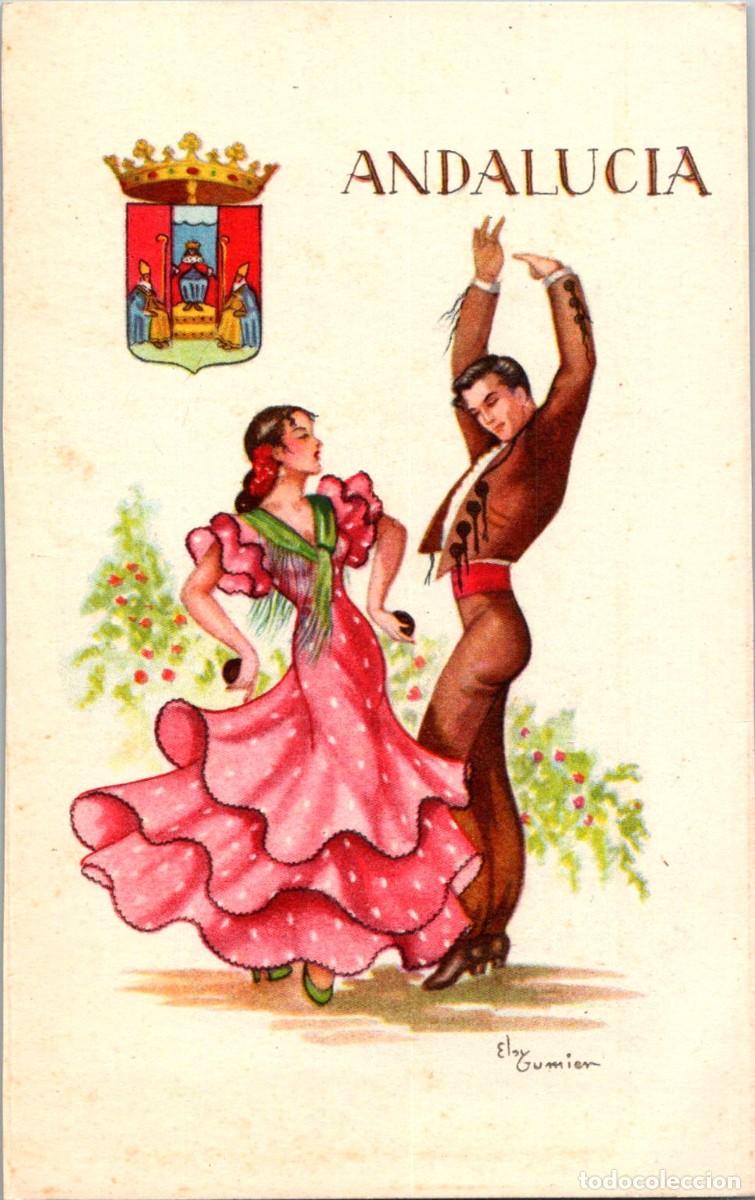 Postkarten: Andaluc&iacute;a - Escudo - Traje de luces - Bailaores - Ilustra Elsy Gumier - Ed. Molina - 129x81mm