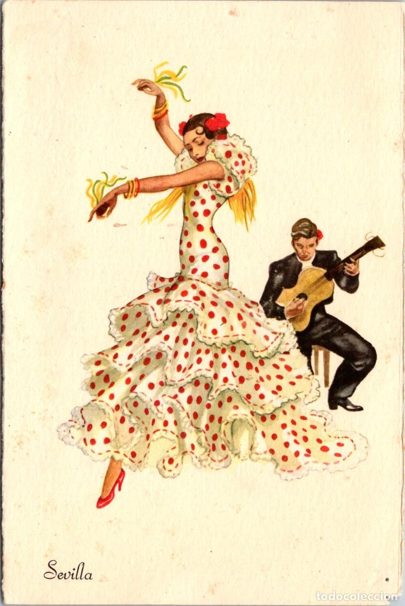 Postales: Sevilla- Bailaora flamenca bailando al comp&aacute;s de la guitarra -Serie F-N&uacute;m 23-Ed. ? -Ilu. ? -145x96mm