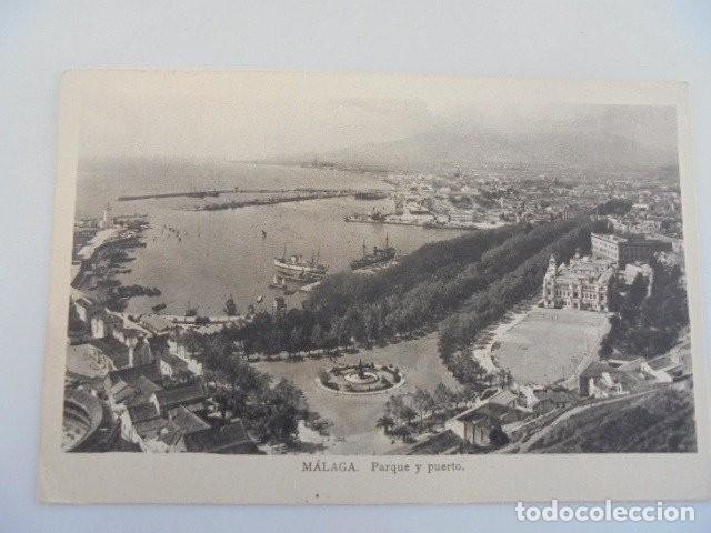 Postales: Postal MALAGA,parque y puerto. Con marca de CENSURA MILITAR y sello PRO MALAGA 5 cts